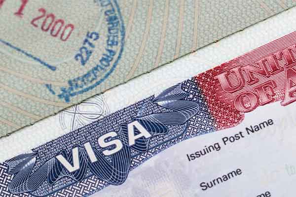 Legal series United States VISA in a passport with stamp Authority